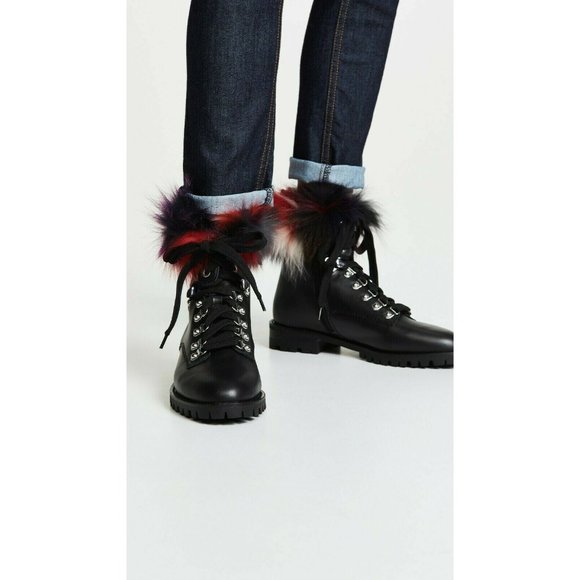REBECCA MINKOFF Jaylin Fox Fur-trim Leather Combat Boots Black Red Sz 6.5 M